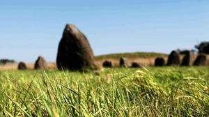 Skibssætning fra vikingetiden – Billede af en rekonstrueret skibssætning, som viser en historisk gravplads fra vikingetiden, omgivet af natur.